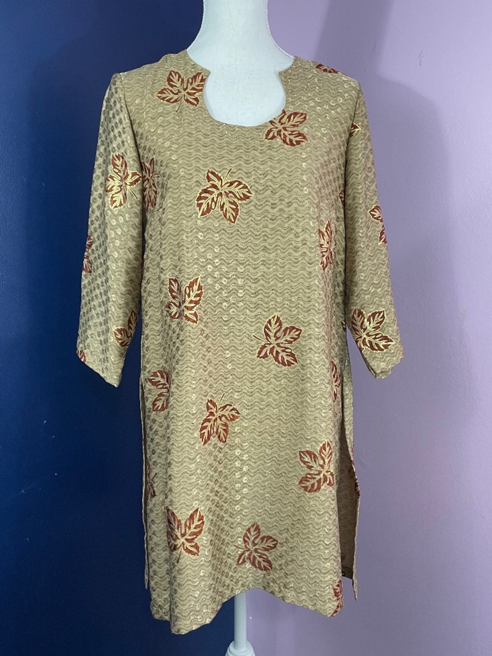 Metallic Maple Leaves Kurta L Gold 3/4 Sleeve Ethnic Tunic Indian Open Neck